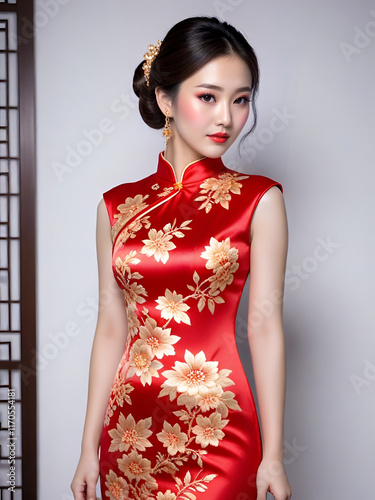 Glamorous Red Qipao with Floral Patterns Generative AI