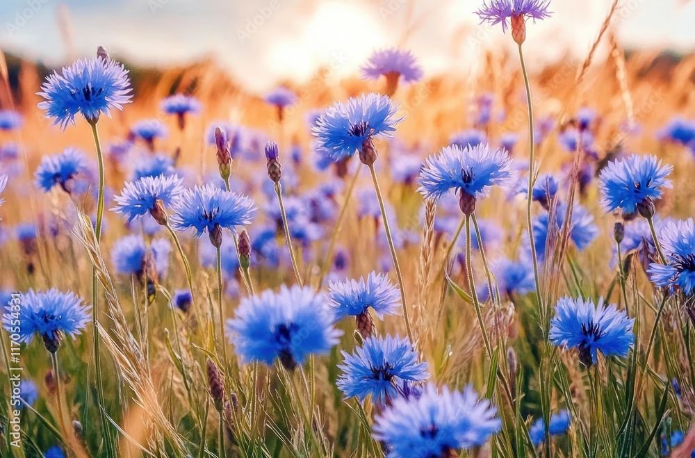 Cornflowers in Bloom Under Clear Blue Sky in Agricultural Field Cornflowers in Bloom Under Clear Blue Sky in Agricultural Field
