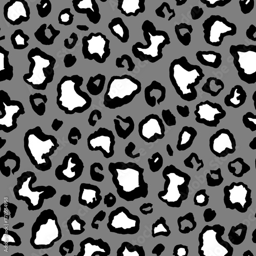 Seamless leopard print pattern with black and white spots on a gray background, perfect for fashion, textiles, and stylish designs