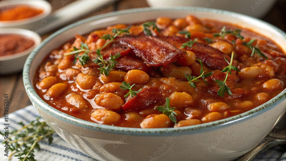 Delicious bowl of baked beans garnished with herbs served in a cozy kitchen setting