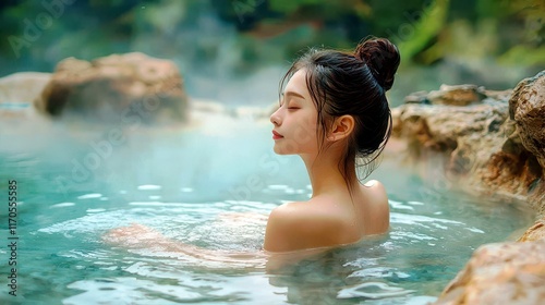 Serene Young Woman Enjoying a Relaxing Soak in a Natural Hot Spring Surrounded by Fog and Lush Greenery in a Calm and Peaceful Setting photo