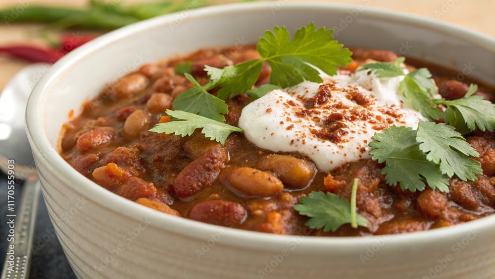 Savory baked beans topped with creamy sour cream and fresh herbs in a rustic setting Savory baked beans topped with creamy sour cream and fresh herbs in a rustic setting