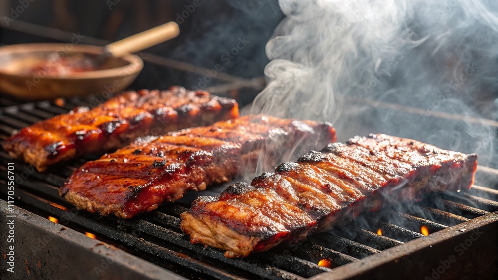 Succulent barbecue ribs sizzling on the grill with aromatic smoke rising amidst a smoky barbecue cookout Succulent barbecue ribs sizzling on the grill with aromatic smoke rising amidst a smoky barbecue cookout