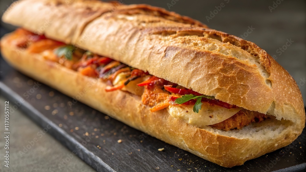Banh mi delights with crusty baguette filled with fresh ingredients and vibrant flavors