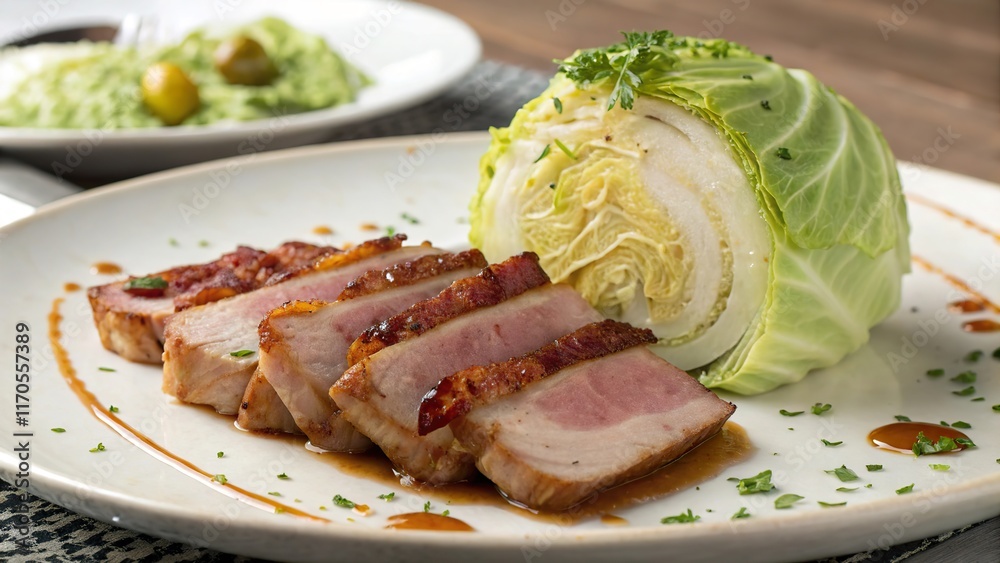 Savory bacon and cabbage dish presenting elegant plating with delightful flavors in a cozy setting Savory bacon and cabbage dish presenting elegant plating with delightful flavors in a cozy setting