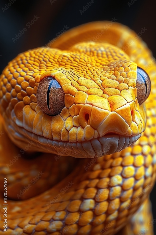 Fototapeta premium Vibrant Yellow Snake Close-Up for 2025 Celebration, Bright Decor, Artistic Design, Nature Inspiration