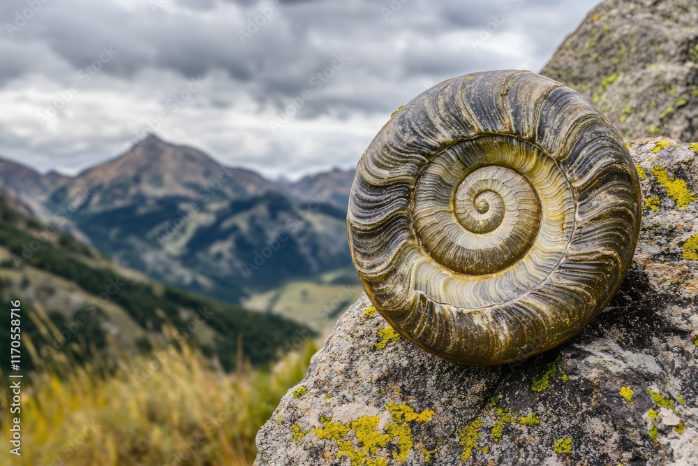 A fossilized ammonite rests on a rock, overlooking a majestic mountain range under a cloudy sky. A fossilized ammonite rests on a rock, overlooking a majestic mountain range under a cloudy sky.