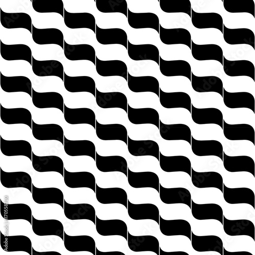 seamless pattern features black and white wavy lines creating an optical illusion effect. The repetitive geometric design is modern and stylish, perfect for backgrounds, wallpapers, and textiles