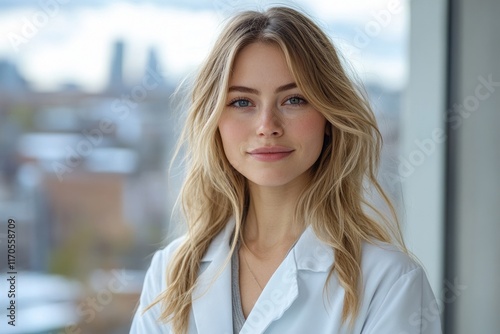 Free Download Woman in Lab Coat against City Skyline Scientist Researcher Doctor Professional Student Healthcare - GFXLoad