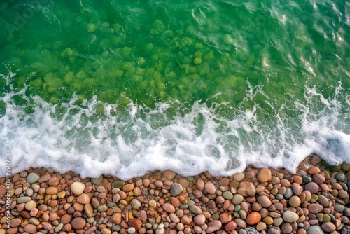 Overhead view captures emerald green waves lapping a rocky shore, highlighting tranquil foam patterns and texture. Ideal for relaxation themes or coastal imagery photo