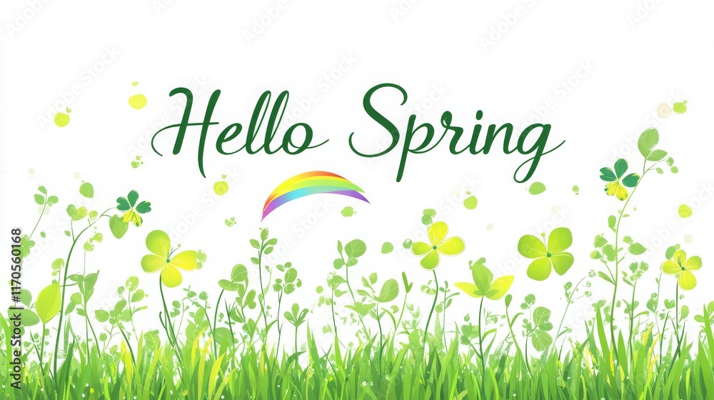 Vibrant Springtime Design Featuring Lush Greenery, Colorful Rainbow, and Welcoming Hello Spring Text Over White Background
