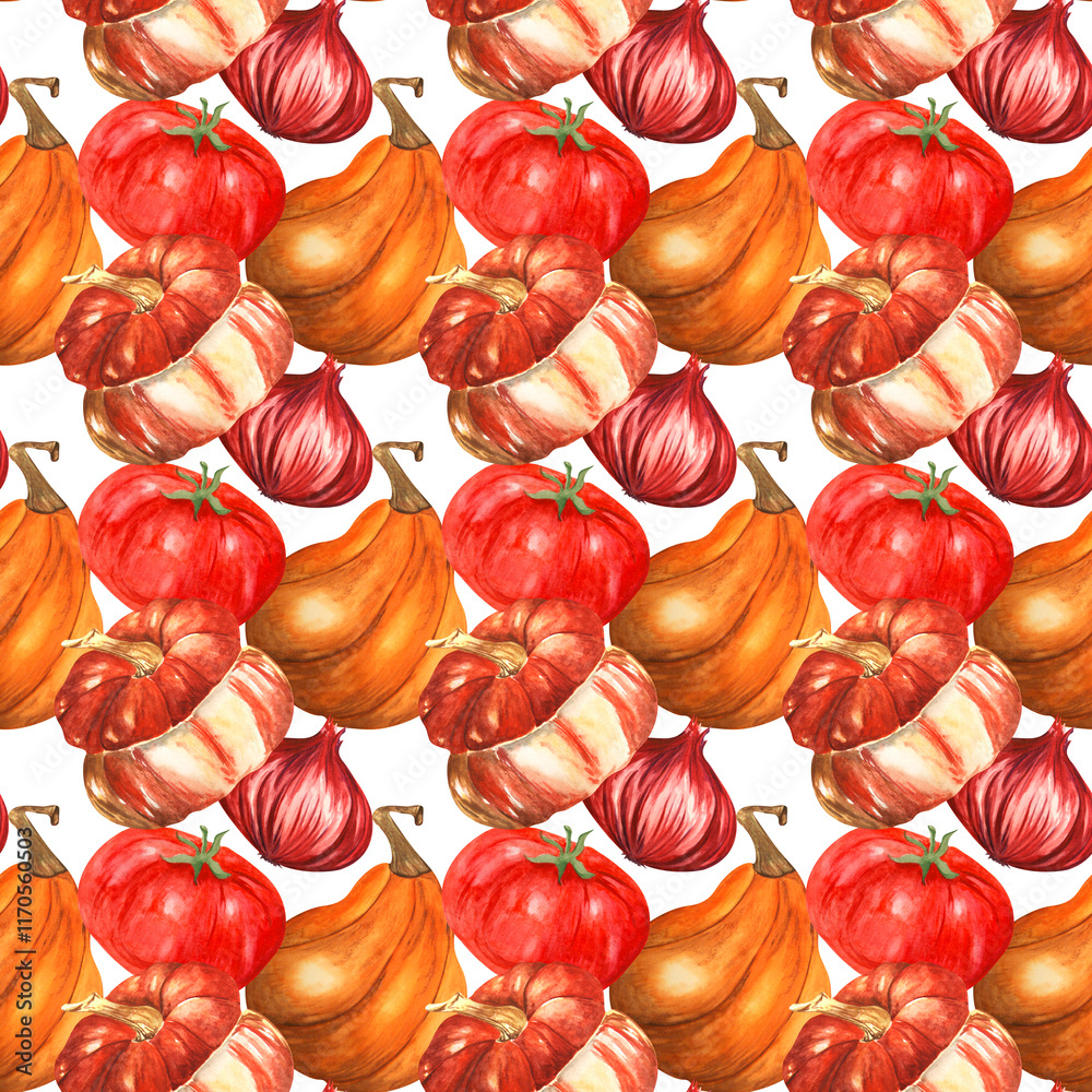 Vegetable pattern on white background. Watercolor. Handmade. Can be used on packaging, stickers, wrapping paper, textiles Vegetable pattern on white background. Watercolor. Handmade. Can be used on packaging, stickers, wrapping paper, textiles