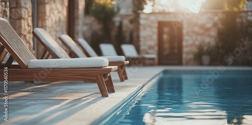 Luxurious Greek island hotel with pool and sun loungers for relaxation. Concept Luxury Accommodation, Greek Islands, Swimming Pool, Sun Loungers, Relaxation