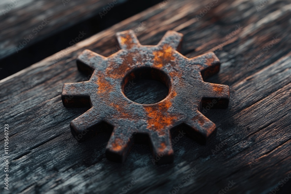 Rusty metal gear resting on dark wood, showing signs of age and wear. Rusty metal gear resting on dark wood, showing signs of age and wear.
