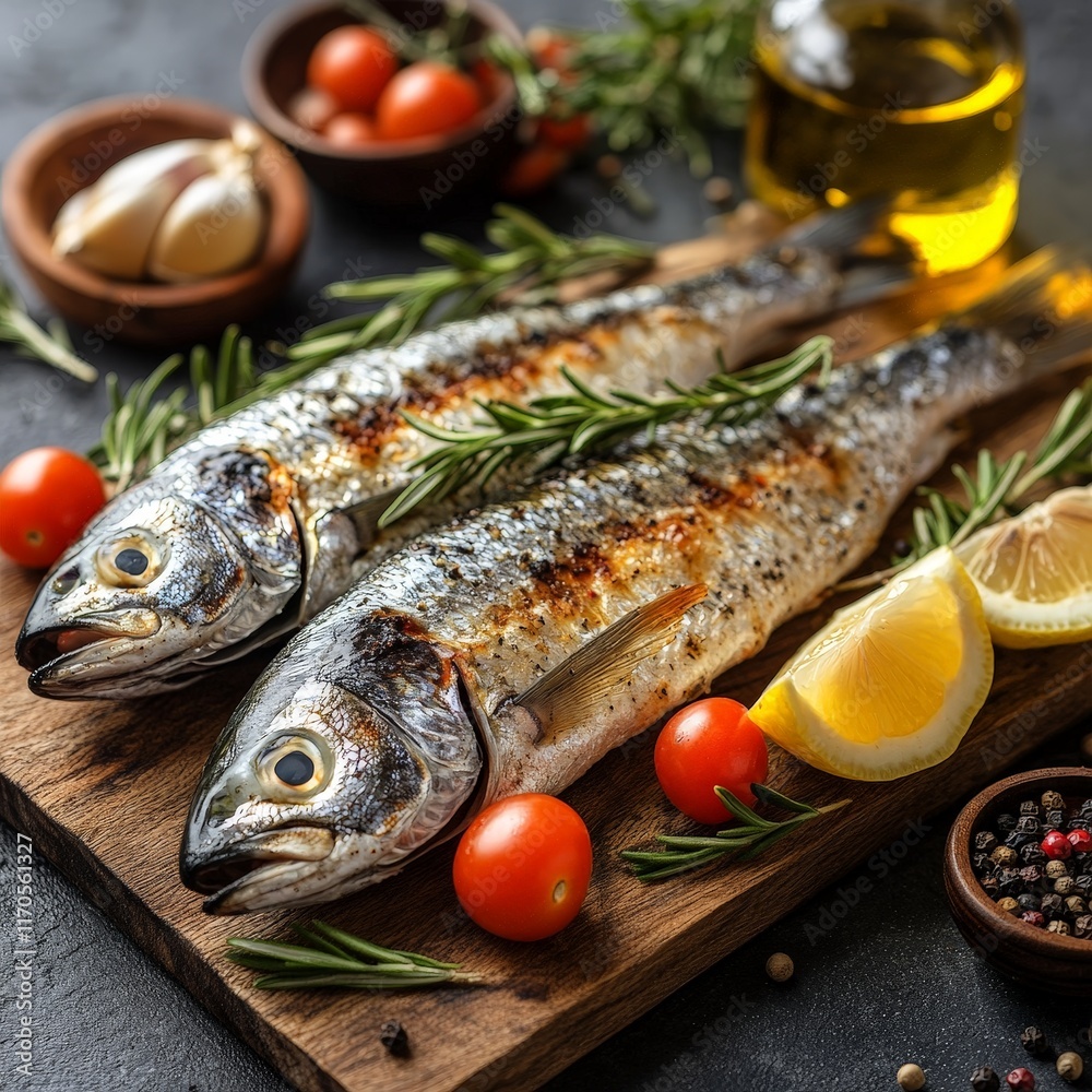 Two fresh sea bass with rosemary, lemon, and tomatoes on a rustic cutting board, perfect for culinary art, recipe blogs, and food styling. Two fresh sea bass with rosemary, lemon, and tomatoes on a rustic cutting board, perfect for culinary art, recipe blogs, and food styling.