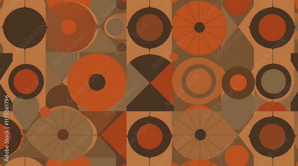 Retro Geometric Pattern: A captivating abstract pattern with a vintage aesthetic, featuring a seamless blend of circles, squares, and other geometric shapes in warm earthy tones of brown, orange. Retro Geometric Pattern: A captivating abstract pattern with a vintage aesthetic, featuring a seamless blend of circles, squares, and other geometric shapes in warm earthy tones of brown, orange.