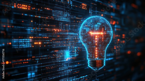 Digital Idea Glowing bulb in code, innovation