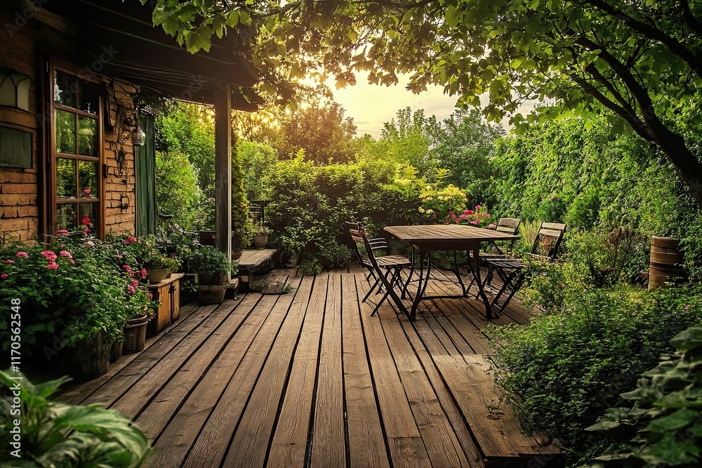 Obraz premium Beautiful wooden terrace with garden furniture surrounded by greenery on a warm spring day