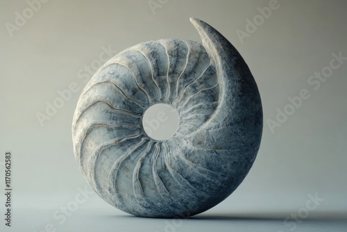 Abstract stone sculpture resembling a nautilus shell with a textured surface and a central hole. photo