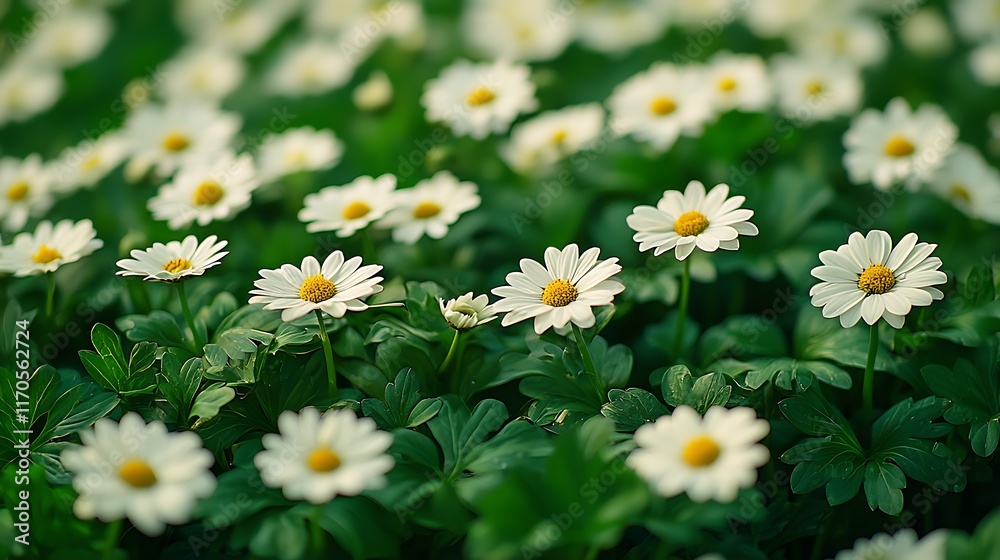 A vibrant field of daisies blooming in lush green surroundings. A vibrant field of daisies blooming in lush green surroundings.