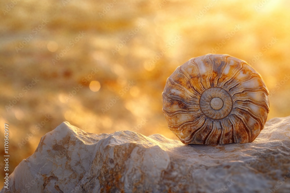 Ancient ammonite fossil rests on a rock at sunset, showcasing intricate details and warm tones.