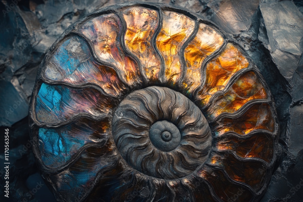 A mesmerizing ammonite fossil, iridescent with vibrant hues of blue, orange, and gold, embedded in dark stone. A mesmerizing ammonite fossil, iridescent with vibrant hues of blue, orange, and gold, embedded in dark stone.