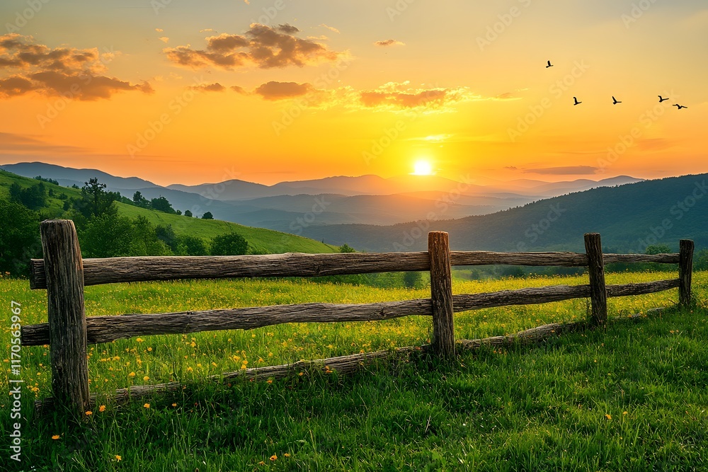Sunset over rolling hills with a wooden fence and wildflowers Sunset over rolling hills with a wooden fence and wildflowers