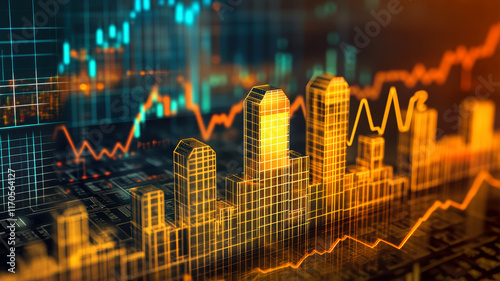Bitcoin Empire Showcases Rising Stock Market Buildings at Sunset Reflecting Digital Growth