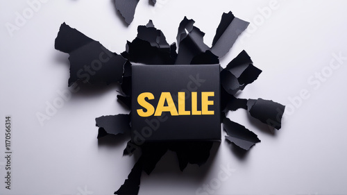 Black Friday Sale Announcement Displayed on Ripped Black Paper Backdrop With Bold Yellow Text for Promotional Purposes