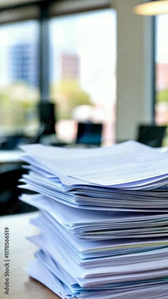A stack of papers on a desk with an office background, suggesting work and organization.