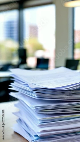 A stack of papers on a desk with an office background, suggesting work and organization.