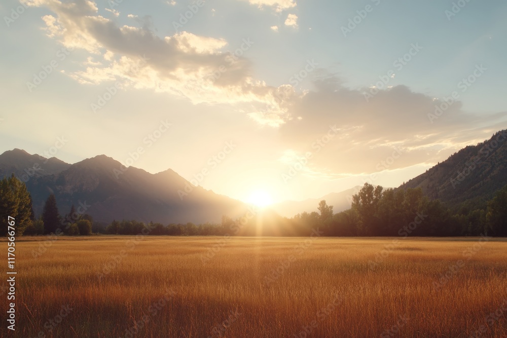 Obraz premium Golden sunlight breaks through soft white clouds over a peaceful valley, casting a warm glow on the field as day transitions into a tranquil evening