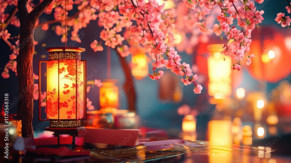 Fototapeta premium Spring festival with cherry blossoms and lanterns creating a tranquil atmosphere during the evening celebration
