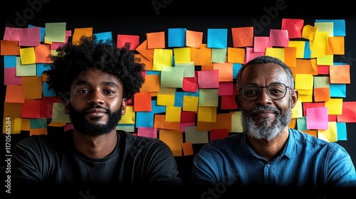 Two men brainstorming, colorful notes, studio, collaboration