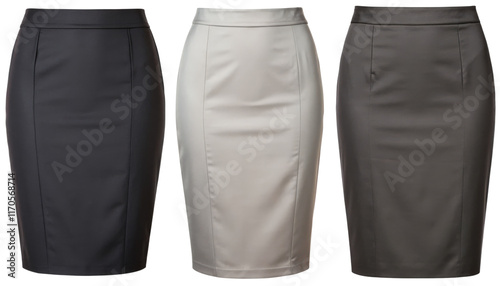 Three pencil skirts in black, beige, and gray isolated with transparent background photo