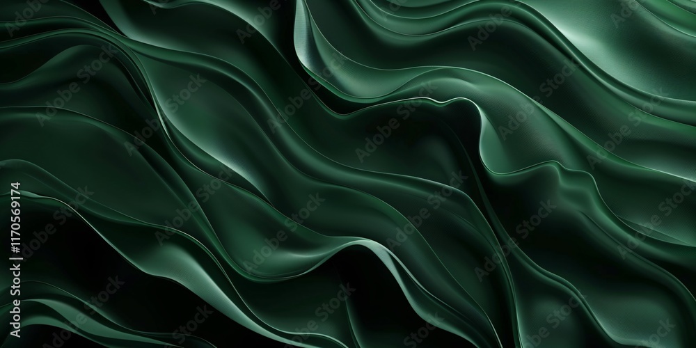 Fototapeta premium Green wavy smooth shiny silk fabric texture luxurious background with copy space