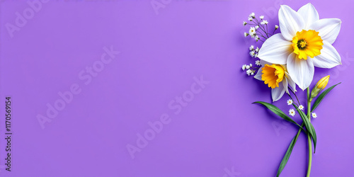 Concept photo of white daffodils, yellow daffodils with space for text