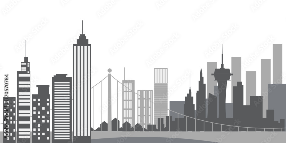 Obraz premium Flat illustration cityscape with urban buildings, roads, and bridges in a monochrome palette.