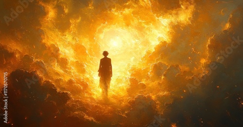 Jesus Christ Walking Through Golden Clouds in Sermon on the Mount Warning of False Prophets and Tribulations photo