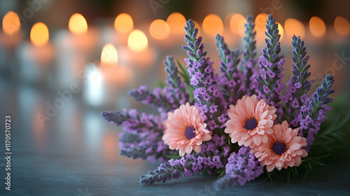 An arrangement of orange and purple roses with beautiful and ranunculus flowers in a vintage gold vase. Beautiful bouquet of roses, peonies and ranunculus, Flower Background with Bokeh Lights,