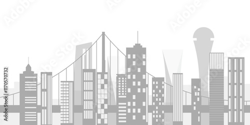 Flat illustration cityscape with urban buildings, roads, and bridges in a monochrome palette.