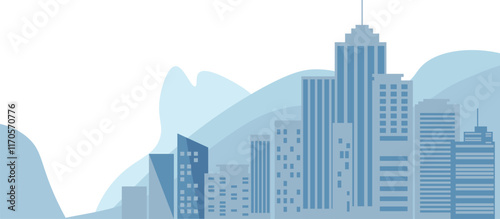 Flat illustration cityscape with urban buildings, roads, and bridges in a monochrome palette.
