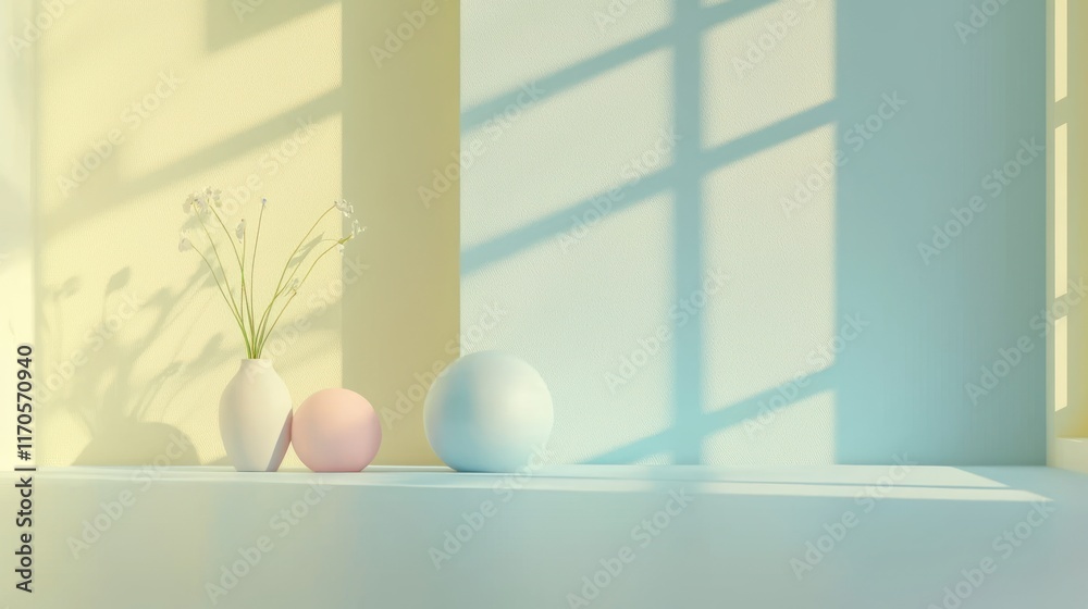 Fototapeta premium Pastel Minimalist Still Life With Flowers And Spheres