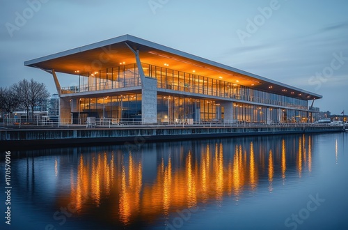 Modern Waterfront Building at Dusk with Warm Lights Reflecting on Water in London photo