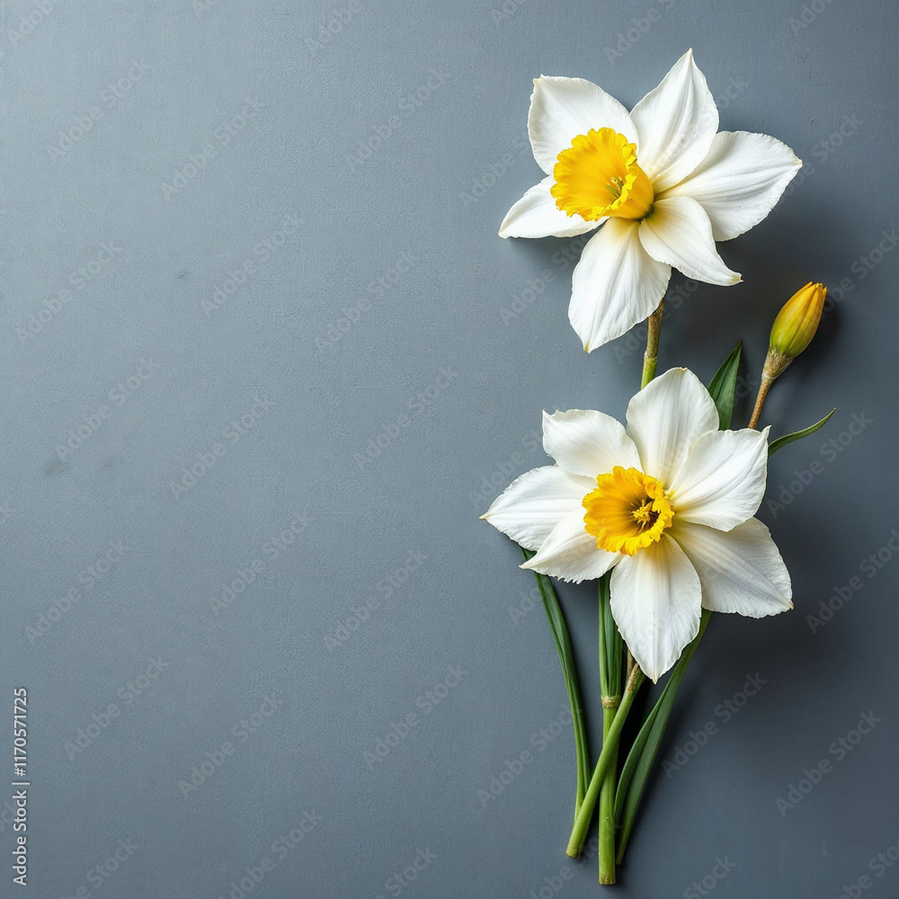 Obraz premium Concept photo of white daffodils, yellow daffodils with space for text