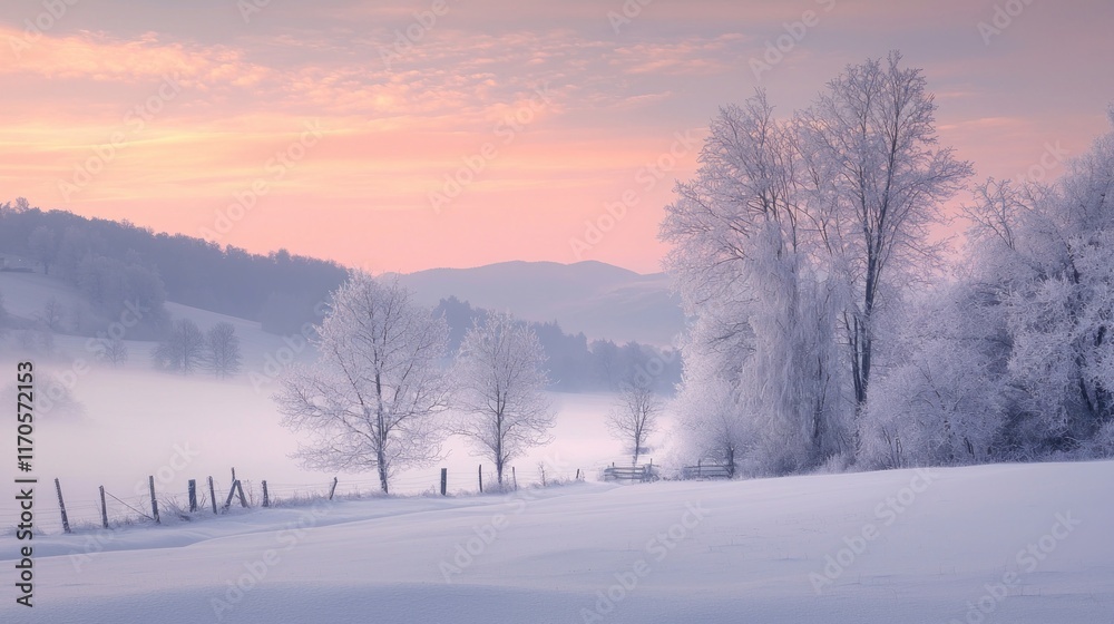 Serene Winter Landscape at Sunrise Over Snowy Hills Serene Winter Landscape at Sunrise Over Snowy Hills