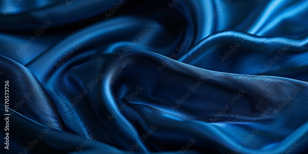 Fototapeta premium Blue wavy smooth shiny silk fabric texture luxurious background with copy space