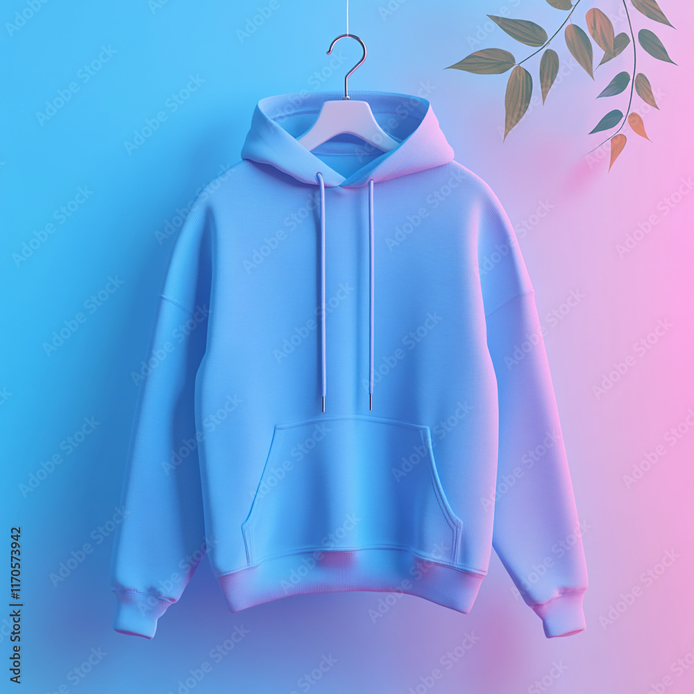 Blue hoodie mockup sweatshirt with pocket insulated on colorful gradient background Blue hoodie mockup sweatshirt with pocket insulated on colorful gradient background
