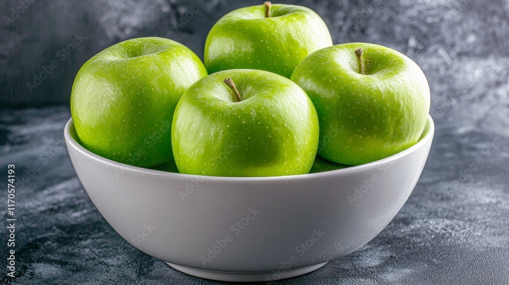 Fresh green apples in a white bowl on a textured surface. Fresh green apples in a white bowl on a textured surface.