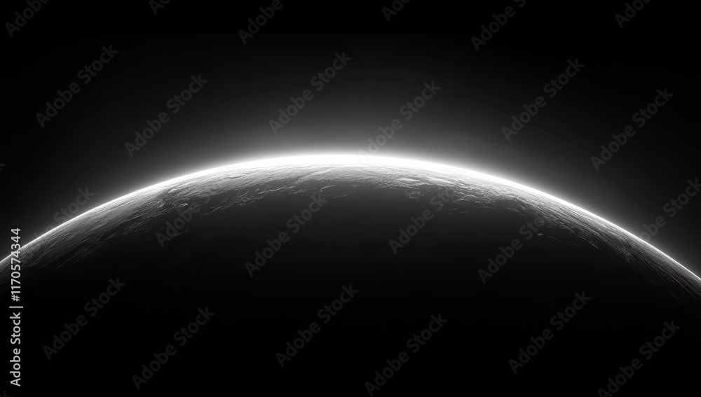 Minimalist Planet Horizon Illustration with Chiaroscuro Lighting in Black and White Minimalist Planet Horizon Illustration with Chiaroscuro Lighting in Black and White